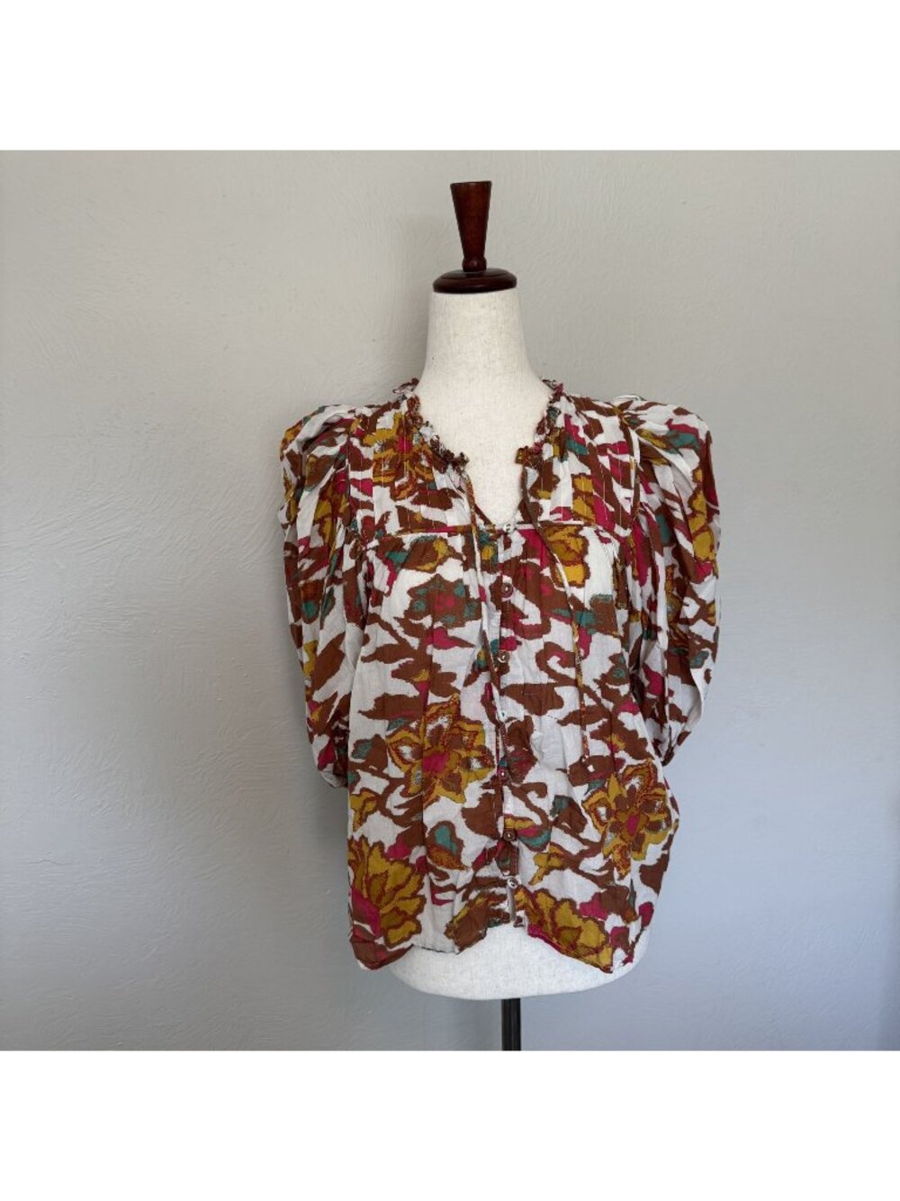 Cleobella Floral Block Print Puff Sleeve Button Front Blouse Boho Top Size S